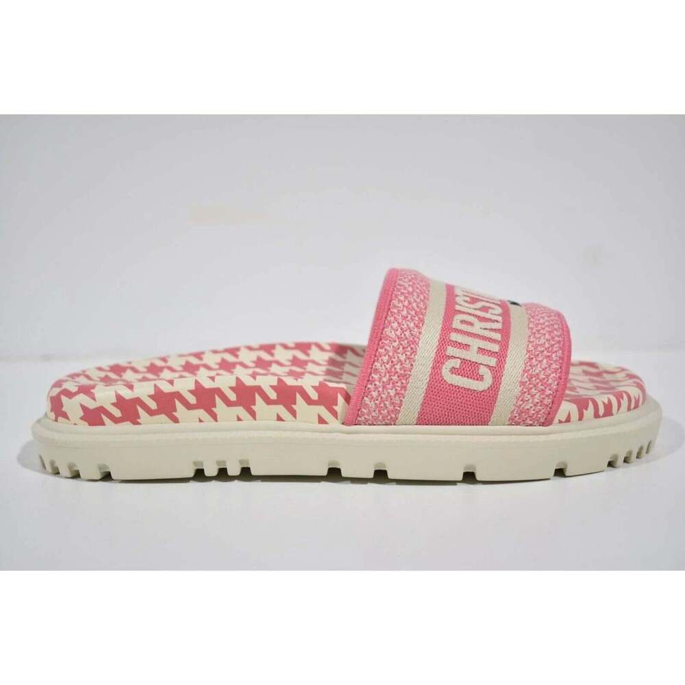Christian Dior Dway Pink White Logo Houndstooth Slide Mule Flat Sandal 37.5 - Picture 2 of 12
